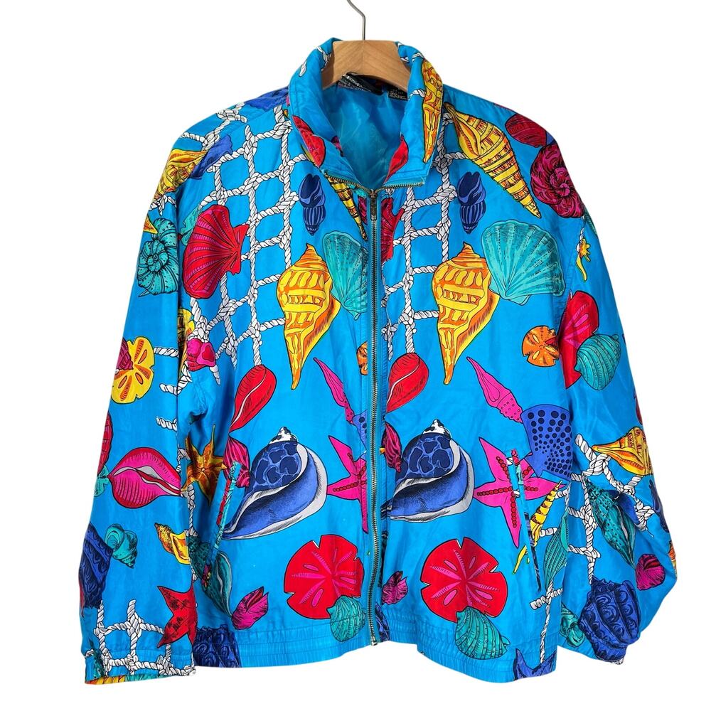 Vintage 90s Mureli Sea Shells Silk Oversized Windbreaker Jacket Sz M Nautical